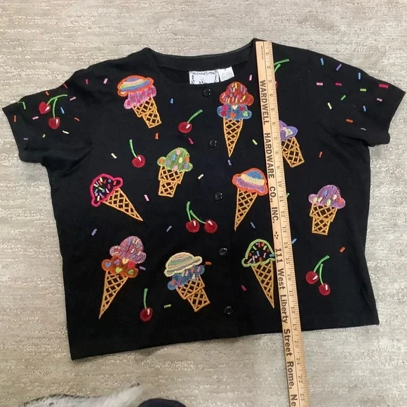 Vintage 90s Michael Simon Black cardigan embroidered Ice Cream and Cherry - Picture 6 of 7